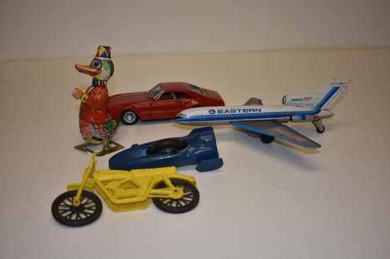 Lot of 5 Vintage Toys 3 Tin Litho Japanese 2 Plastic Eastern Boing 727 and Toronado and Others