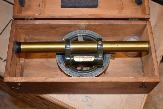 Antique Brass Survey Transit Level w/ Wooden Tripod and Antique Depth Gauge