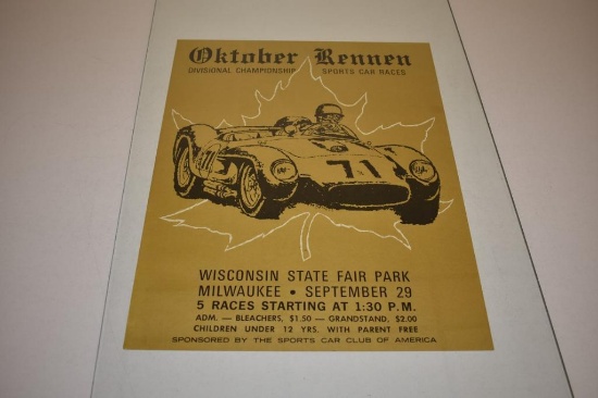 Vintage October Rennen Sports Car races Wisconsin State Fair Park Poster 22in x 17in