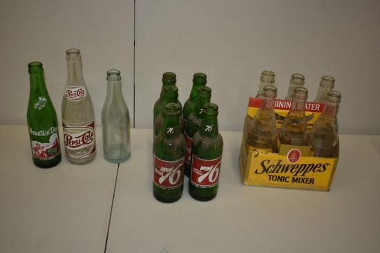Lot of 15 Vintage Soda Bottles, Pepsi, 76, Schweppes, Mt. Dew
