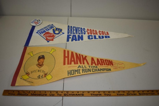 Vintage Lot of 2 Brewers Pennants, Hank Aaron, Coca-Cola Fan Club, Milwaukee!