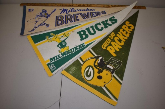 Vintage Lot of 3 Pennants Milwaukee Brewers, Bucks, Green Bay Packers