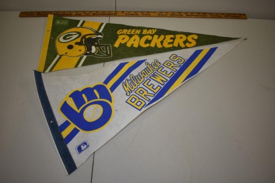 Vintage Green Bay Packers and Milwaukee Brewers Pennants