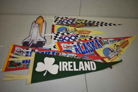 Vintage Large Lot of 8 Pennants, Indy 500, Disney World, Alaska + More!