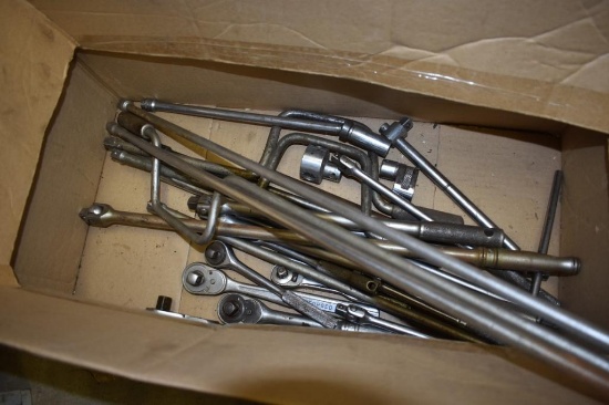 BOX WITH LARGE ASSORRTMENT OF 3/8" X 1/2" DRIVE RATCHETS, EXTENSIONS, BREAKER BARS, ETC.