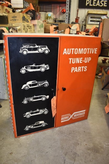 BORG WARNER 2 DOOR WALL CABINET "AUTOMOTIVE TUNE-UP PARTS" W/ INTERIOR SHELVES28-1/2" X 12" X