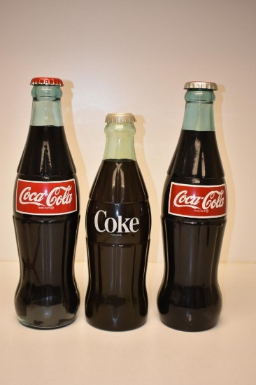 (3) FULL LOOKING OVERSIZED GLASS COCA-COLA BOTTLES, 23 INCHES TALL