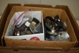 BOX OF MISC OLD CAR PARTS; GAS CAPS, ETC