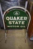 Scarce Quaker State Tombstone Oil Sign Auto Automotive with Curb Stand, 29 x 27 inches, double si...