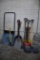 ASSORTED SHOVELS, SLEDGE HAMMER AND SCRAPER