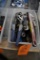 PLASTIC BIN WITH ASSORTED PLIERS, WRENCHES, CHANNEL LOCKS, VISE GRIPS, MISC CUTTERS