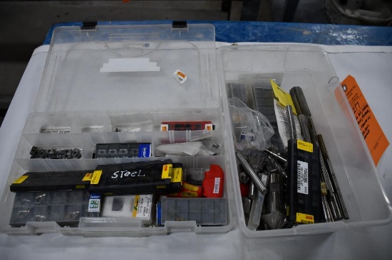 CUTTING BITS, INSERTS, END MILLS, REAMERS, MISC TOOLING IN PLASTIC BIN AND ORGANIZER