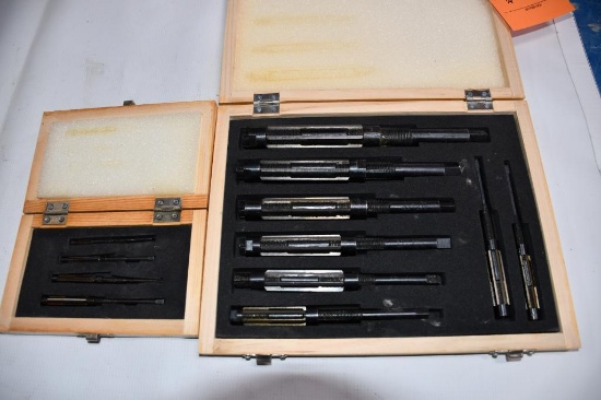 2 SETS OF ADJUSTABLE HAND REAMERS WITH CASES; SET OF 8 1-5/32-1-11/16" & SET OF 4 1/4"-3/8"
