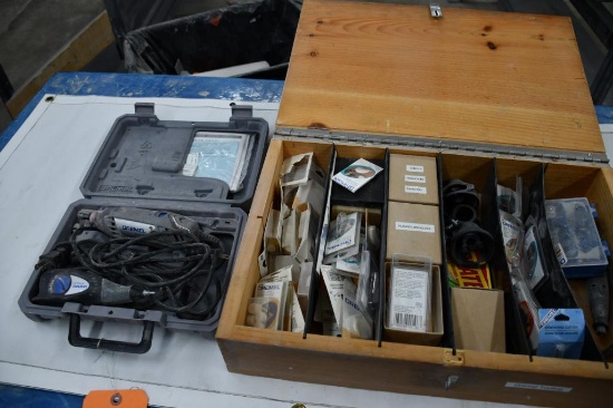DREMEL 3000 MULTI TOOL AND DREMEL ENGRAVER IN 1 CASE WITH WOODEN CASE OF ASSORTED BITS