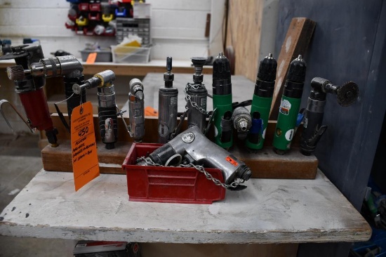 ASSORTED PNEUMATIC GRINGERS, WRENCHES IN STAND AND BIN