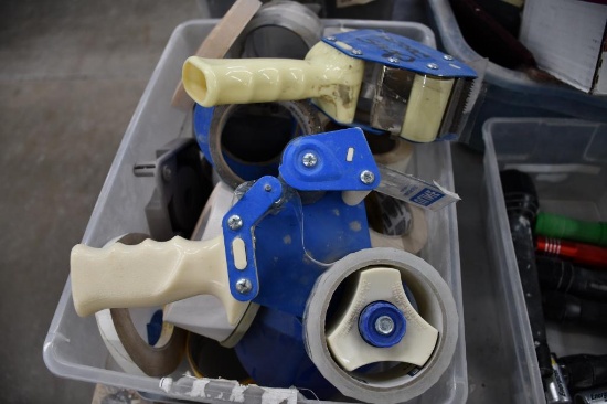 PLASTIC BIN WITH ASSORTED TAPE AND TAPE GUNS