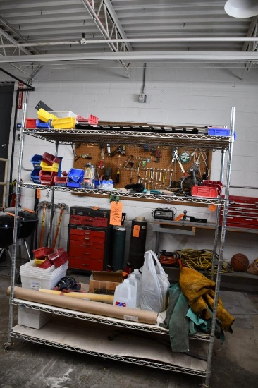 4 TIER FREEZER RACK WITH 2" CASTERS WITH CONTENTS; PLASTIC BINS, WELDING JACKETS, MISC 60" X 24" X