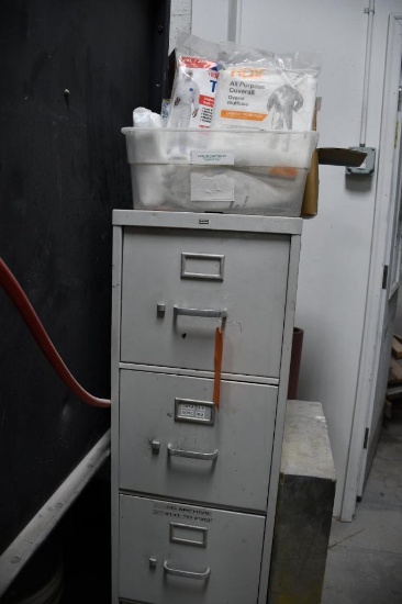 4 DRAWER FILE CABINET WITH CONTENTS; FACE MASKS, RESPIRATORS, HOSES, PROTECTIVE GEAR, ETC.