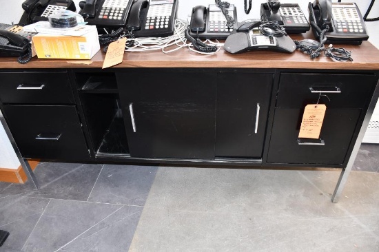 BLACK METAL BASE CREDENZA, 4 DRAWERS, 2 DOORS/SHELVES, BROWN LAMINATE TOP 18" X 62'