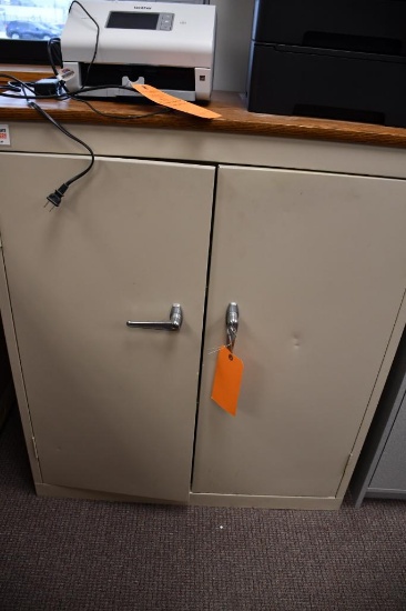 2 DOOR METAL CABINET WITH BROWN WOOD TOP, HAS KEY, 19" X 3' X 43"H