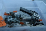 BIN OF ASSORTED HOLD DOWN CLAMPS AND MISC
