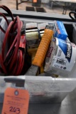 BIN WITH EXTENSION CORDS, STAPLER, TAPE GUNS AND MISC.
