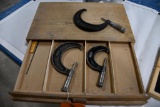 3 MICROMETERS IN 2 DRAWER WOODEN CASE; 1-2