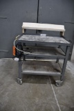 THREE TIER METAL SHOP CART WITH ELECTRIC OUTLETS, LOCKING CASTERS, 3' X 2' X 4'H, AT HIGHTEST POINT