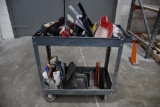 TOW TIER METAL SHOP CART WITH CONTENTS; CLEANING ITEMS, BRUSHES, DUST PANS, RAGS, ETC.
