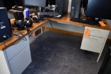 2 PIECE DESK, 5 DRAWERS, METAL BASE, BROWN LAMINATE TOP; 24