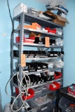 GRAY METAL SHELF UNIT, WITH CONTENTS; MARKERS, TNUTS, BALL KNOBS ETC. 1' X 3' X 75