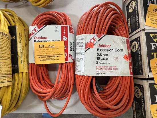 (2) ACE HARDWARE OUTDOOR EXTENSION CORDS, 50' 60 GAUGE & 100' 16GA 2 CONDUCTORS