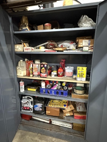 GRAY METAL 2 DOOR STORAGE CABINET 2'D X 4'W X 78"H WITH CONTENTS: DURALUBE ENGINE TREATMENT,