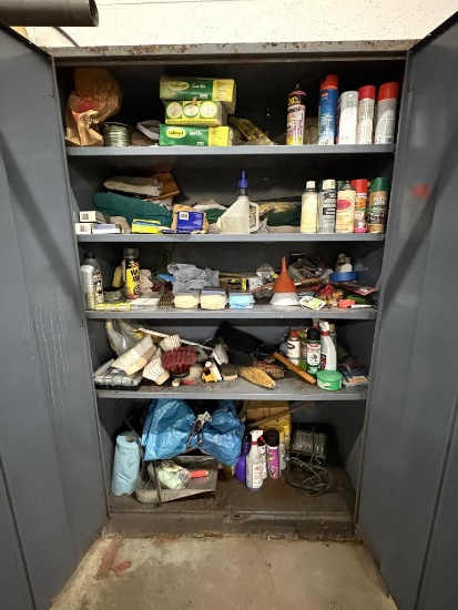 GRAY METAL 2 DOOR STORAGE CABINET 2'D X 4'W X 78"H WITH CONTENTS: TOWELS, SCRUB BRUSHES,