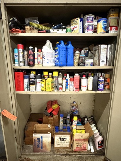 TAN METAL 2 DOOR CABINET 2'D X 4'W X 78"H WITH CONTENTS: ACETONE, SUPER LUBE SYNTHETIC