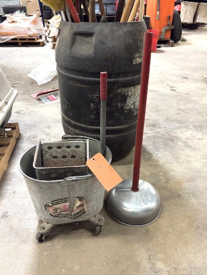 GALVENIZED MOP BUCKET & LARGE FUNNEL, 11 6/8" DIA X 4" X 35 1/2" H