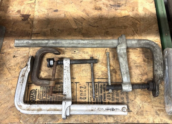 LOT OF CLAMPS- (1) TH3 EEHOMA 12" X 7" AND (1) BESSEY 9" X 20" (1) 4" C-CLAMP