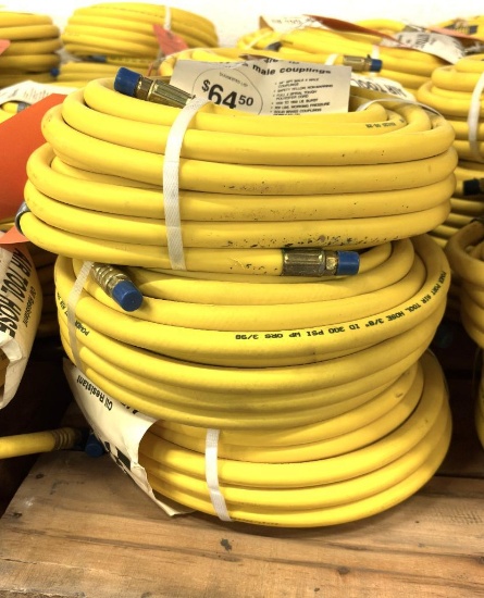 (3) OIL RESISTANT AIR HOSE TOOL HOSE 50' X 3/8", 300 PSI W/MALE & MALE COUPLINGS, PIC REPRESENTAT...