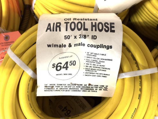 (3) OIL RESISTANT AIR HOSE TOOL HOSE 50' X 3/8", 300 PSI W/MALE & MALE COUPLINGS, PIC REPRESENTAT...