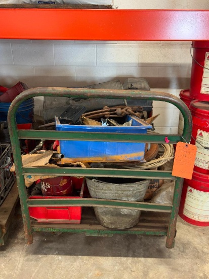 VINTAGE CART W/CASTERS 30" X 5' X HANDLE 37"H, WITH CONTENTS: NUTS, BOLTS, PIPE FITTINGS,