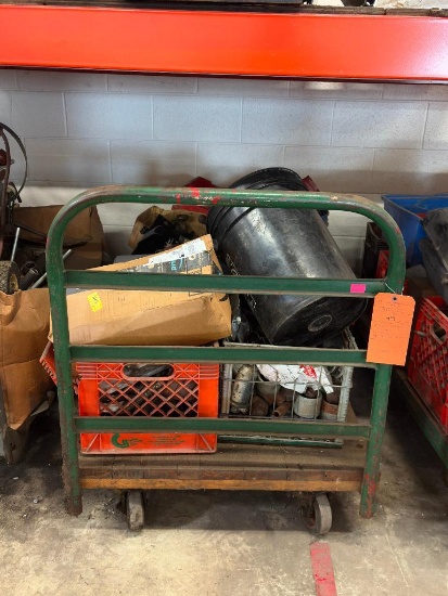 VINTAGE CART W/CASTERS 30" X 5' X HANDLE 37"H, WITH CONTENTS: NUTS, BOLTS, PIPE FITTINGS,