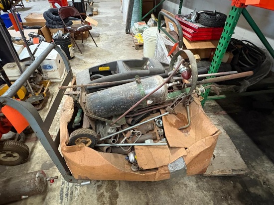 VINTAGE CART W/CASTERS 24" X 48" X HANDLE 35"H W/CONTENTS: VINTAGE TORCH WITH TANK, BARREL PUMP,