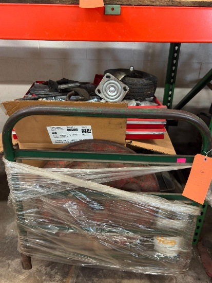 VINTAGE CART 30" X 5' X HANDLE 37"H WITH CONTENTS: TOOL BOX DRAWERS WITH NUTS, BOLTS,
