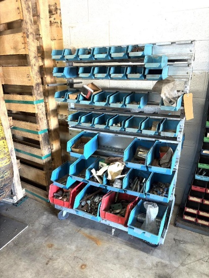 DOUBLE SIDED BIN STORAGE RACK STAND ON WHEELS, 22"D X 3'W X 54 3/4"H WITH CONTENTS:
