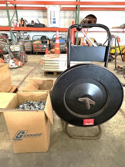 BAND CART W/TOOLING AND (2) BOXES OF BANDING CLAMPS
