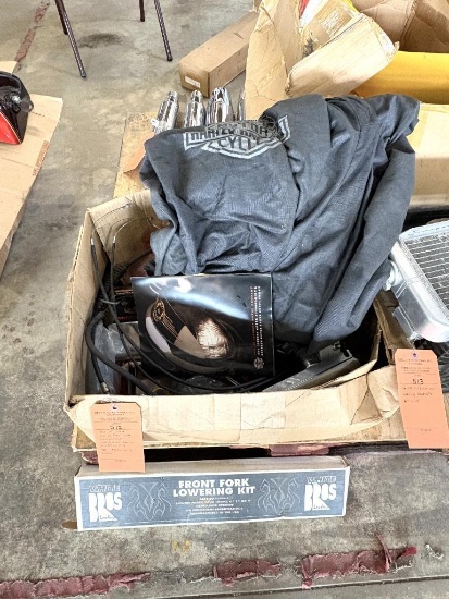 BOX W/USED HARLEY DAVIDSON COMPONENTS: WHITE BROS FRONT LOWERING KIT, MOTORCYCLE COVER