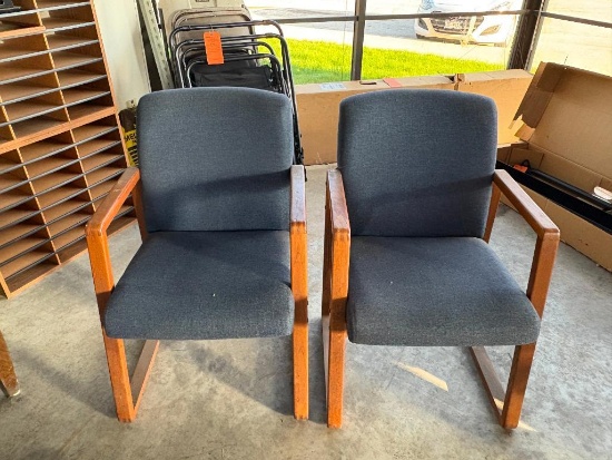 (3) WAITING LOUNGE CHAIRS WOOD FRAME WITH BLUE FABRIC