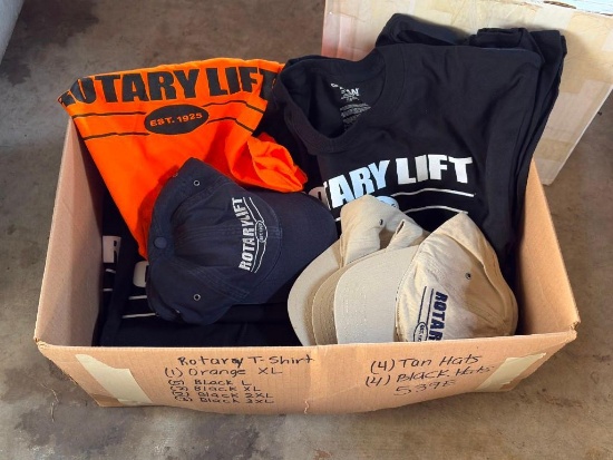 BOX WITH ROTARY T-SHIRTS, (1) ORANGE XL, (5) BLACK LARGE, (2) BLACK XL, (2) BLACK 2XL, (3) BLACK ...