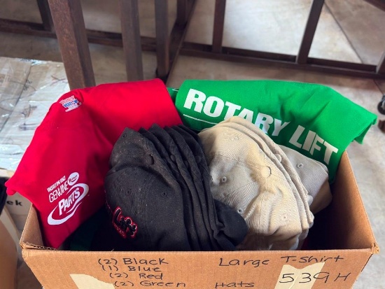 BOX WITH T-SHIRTS, SIZE LARGE; (2) BLACK, (1) BLUE, (2) RED, (2) GREEN, HATS; (6) TAN AND (6) BLACK