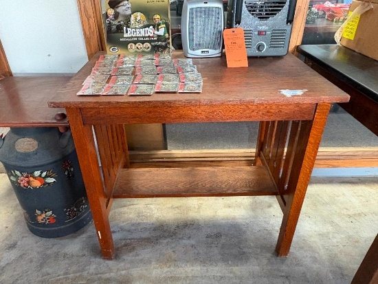 ANTIQUE MISSION STYLE OAK LIBRARY TABLE, 23 1/8" X 34"W X 30"H